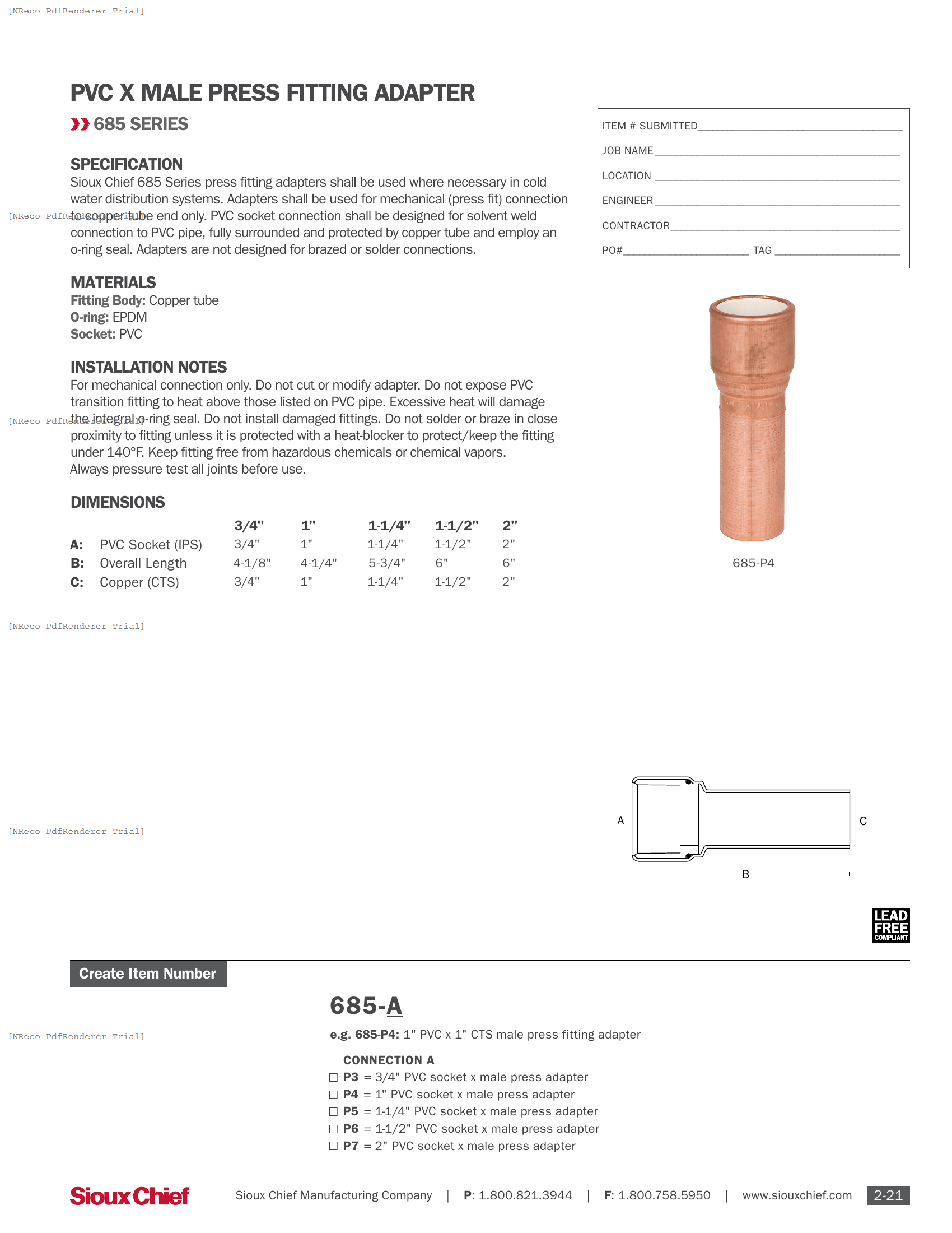 685 SERIES - PVC X MALE PRESS ADAPTER - SPEC SHEET.PDF Specification Document